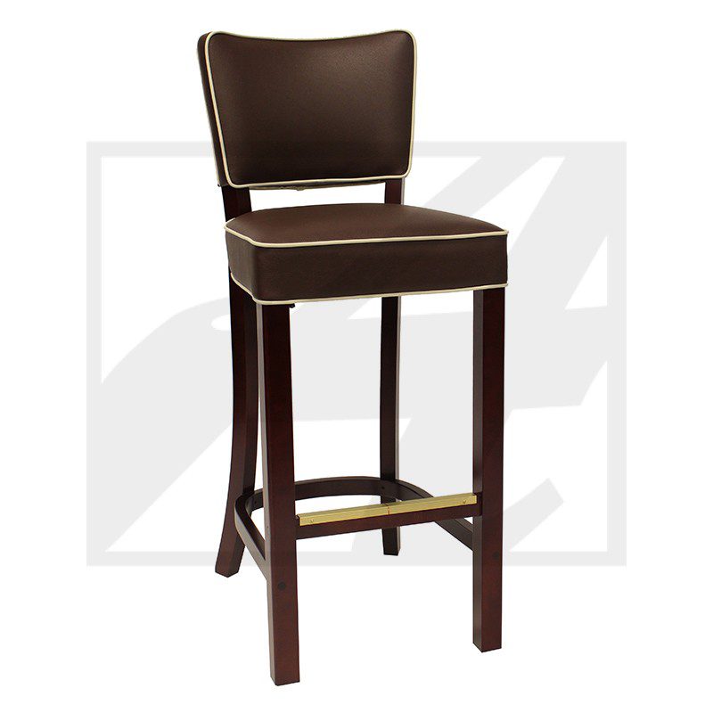 Elegant brown leather bar stool with wooden legs and brass footrest.