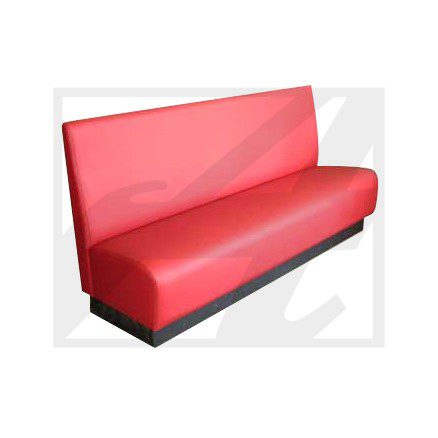 A sleek red restaurant booth seat with a high backrest.