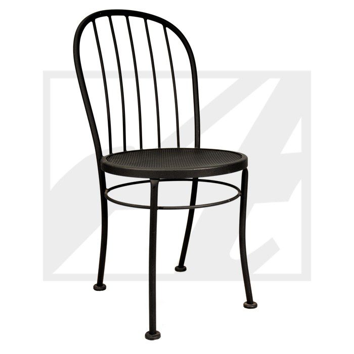 Black metal chair with curved backrest and round seat.