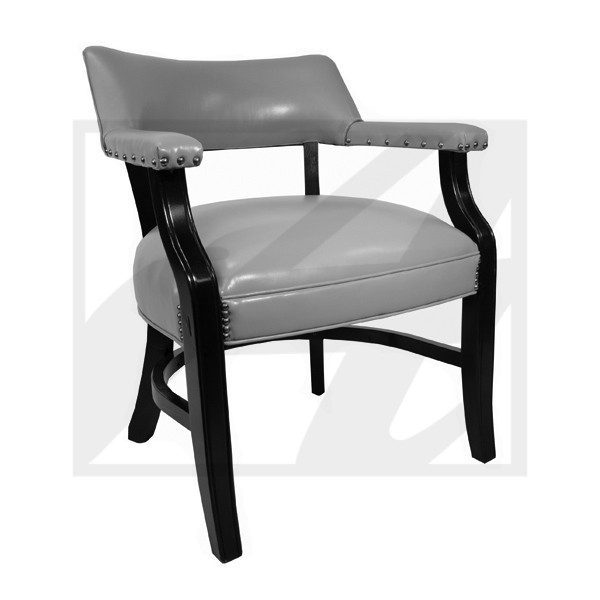 Modern chair with black frame and gray cushioned seat and backrest.