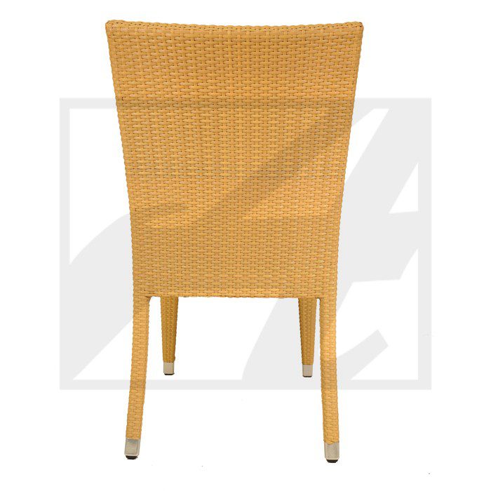 Back view of a woven rattan chair with wooden legs.