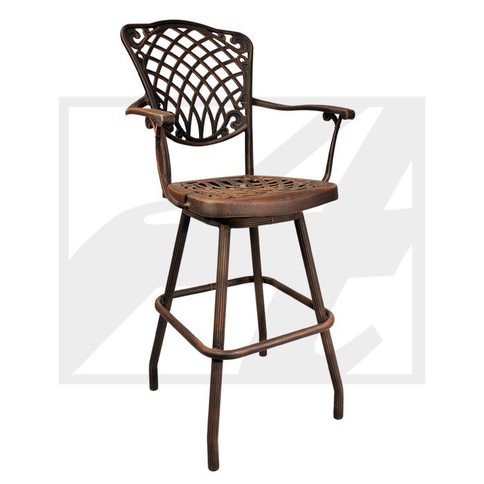 Elegant brown bar stool with a decorative backrest and armrests.