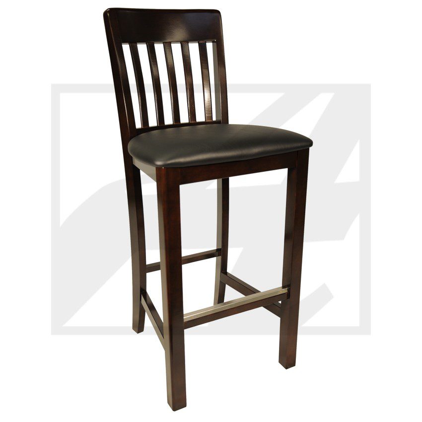 Dark wooden bar stool with a cushioned seat and slatted backrest.