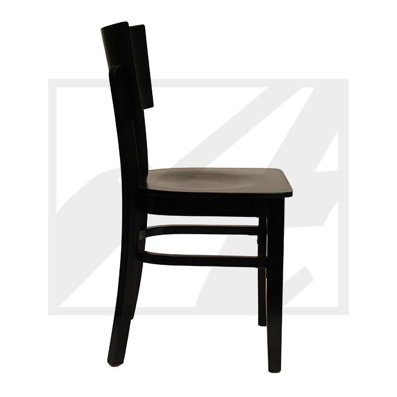 Black wooden chair with a beige cushioned seat.