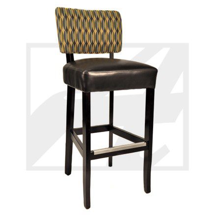 Upholstered bar stool with patterned backrest and dark wooden legs.