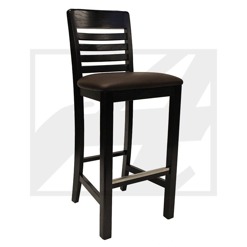Tall wooden bar stool with a cushioned seat and horizontal backrest slats.