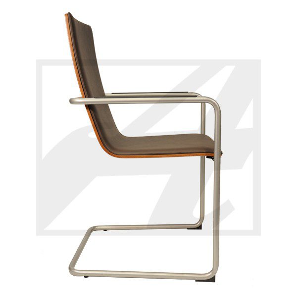 Modern cantilever chair with brown upholstery and metal frame.