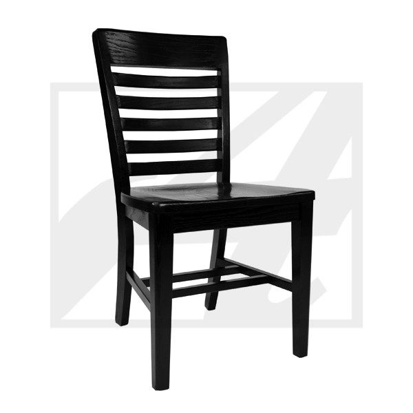 Black wooden chair with horizontal slats on the backrest.