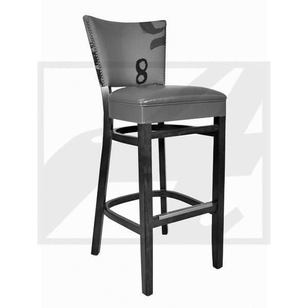 Black wooden bar stool with a cushioned seat and curved backrest.