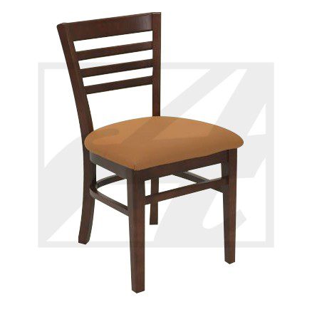 Wooden chair with cushioned seat in brown tones.