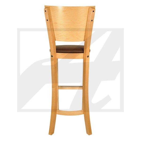 Tall wooden bar stool with a backrest and footrest.