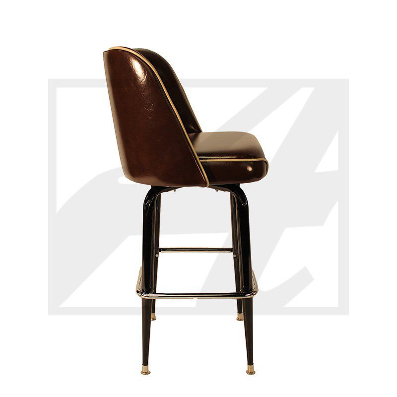Elegant brown leather bar stool with brass-tipped legs.