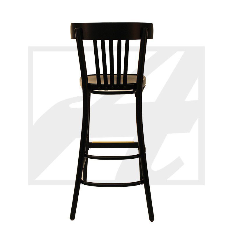 A tall black wooden bar stool with a slatted backrest.