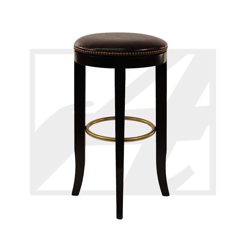 Black wooden bar stool with round cushioned seat and metal footrest ring.