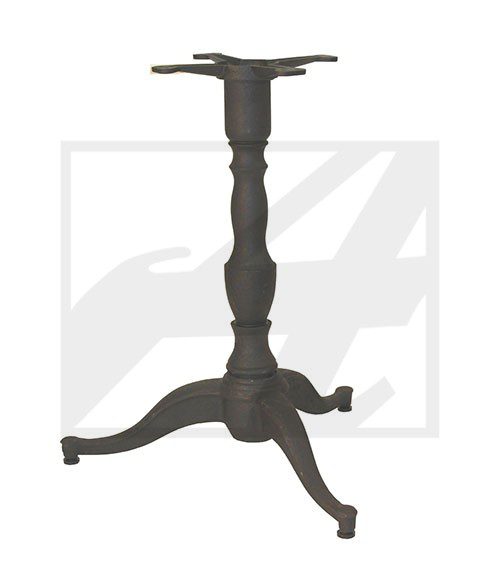 Black metal table base with ornate central column and three curved legs.