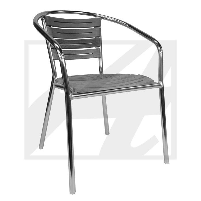 Modern metal and wood outdoor chair with armrests.