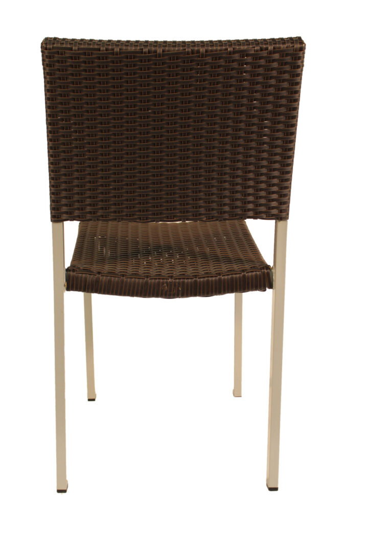 Simple brown woven chair with metal legs.