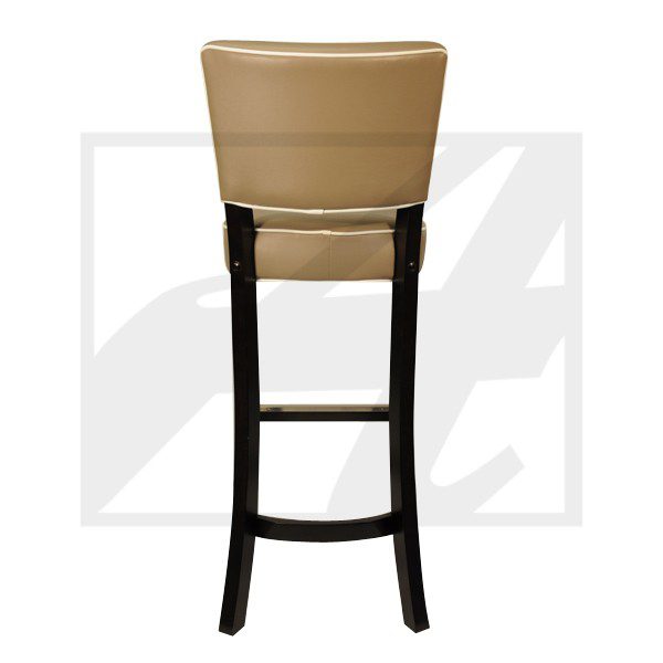Beige cushioned bar stool with dark wooden legs and a supportive backrest.