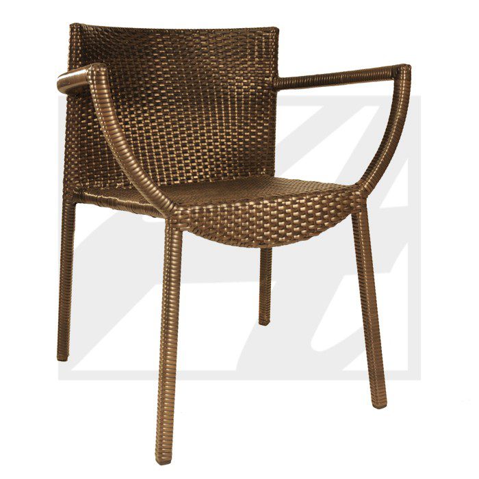 Modern brown woven armchair with a sleek design.