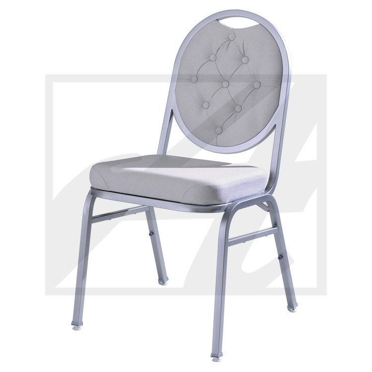 Modern gray banquet chair with padded seat and backrest.
