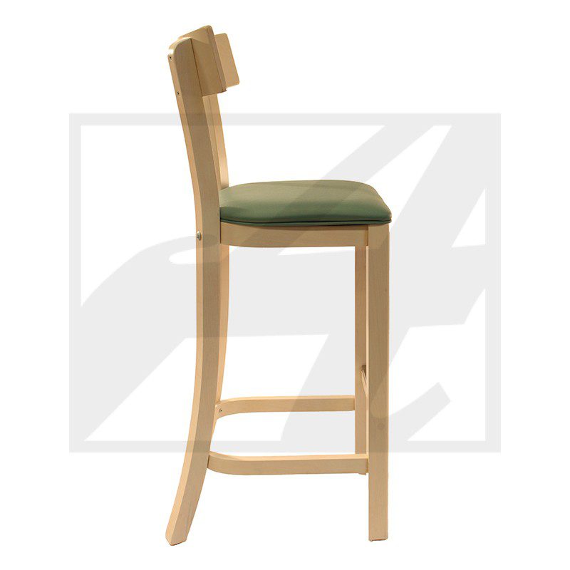 Wooden bar stool with green cushioned seat and backrest.