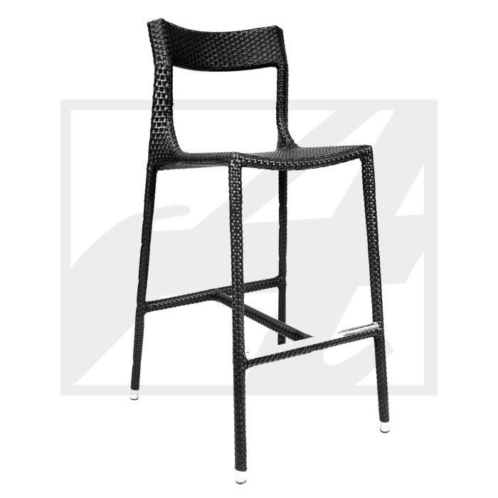 Modern black bar stool with a woven seat and backrest.