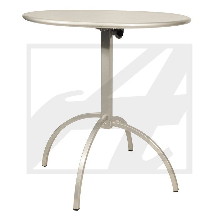 White round outdoor metal table with tripod legs.