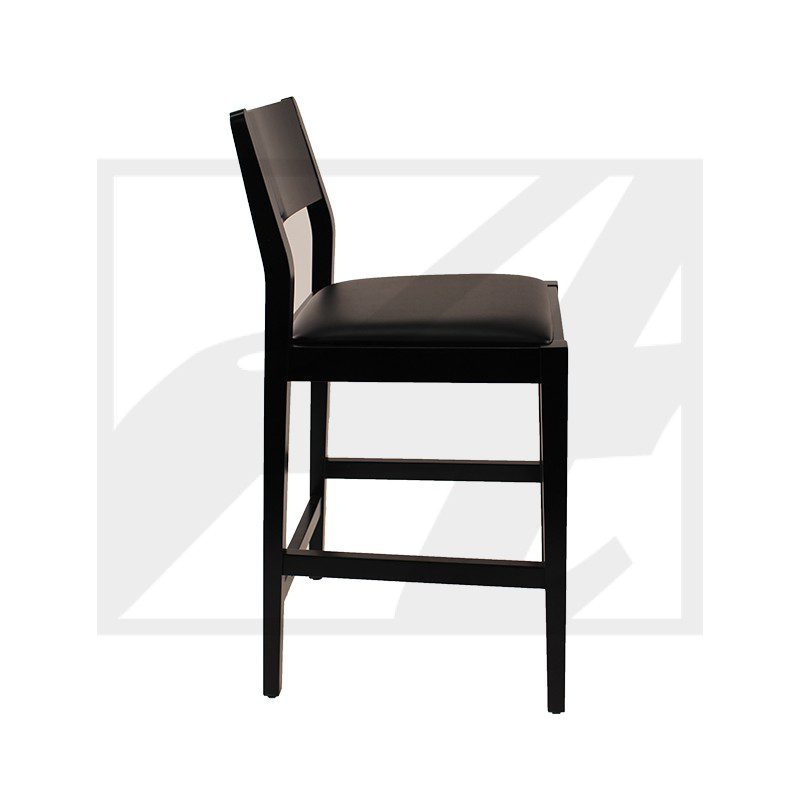 Modern dark wooden bar stool with cushioned seat and backrest.