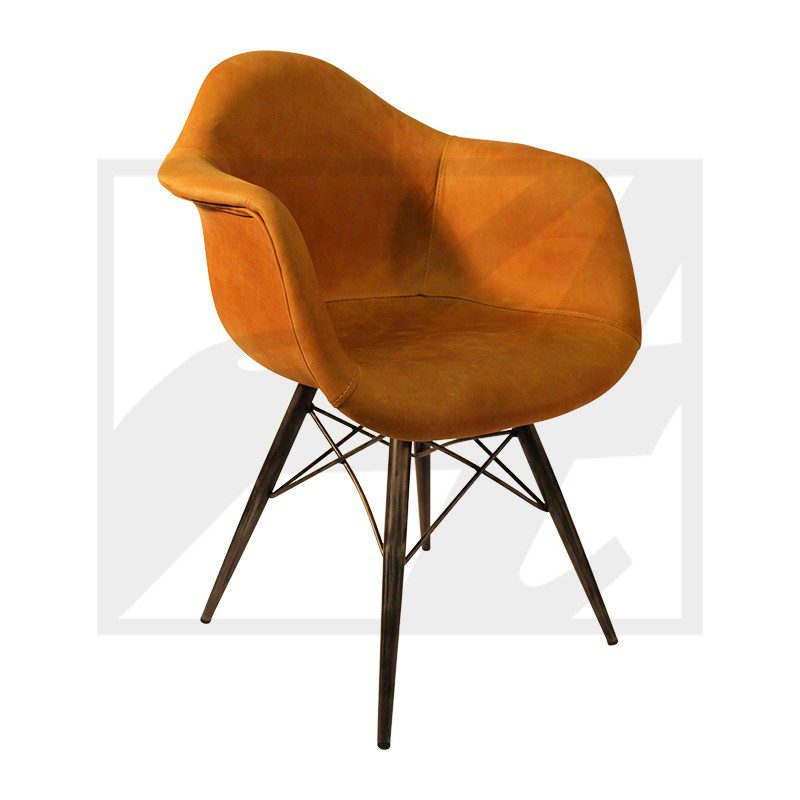 Modern orange chair with wooden legs and fabric upholstery.