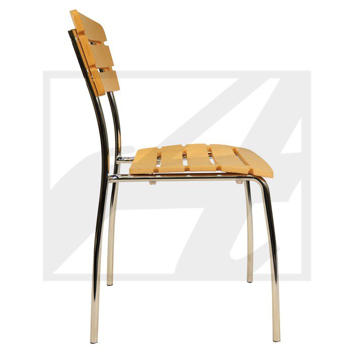 Side view of a wooden chair with metal frame.