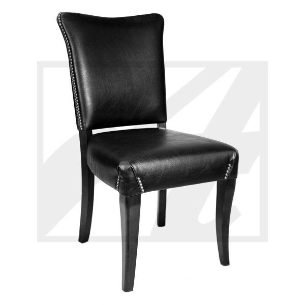 Black leather dining chair with cushioned seat and backrest.