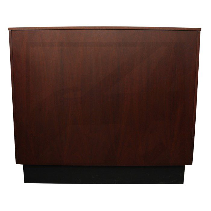 Wooden desk with a dark finish and black base.