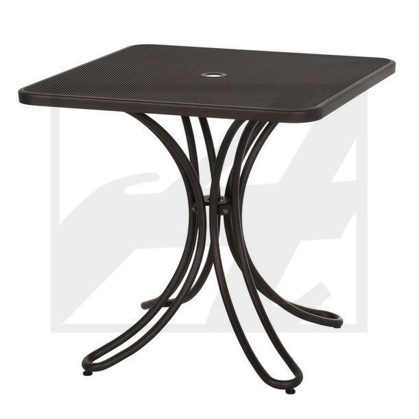 Square table with a dark top and curved metal legs.