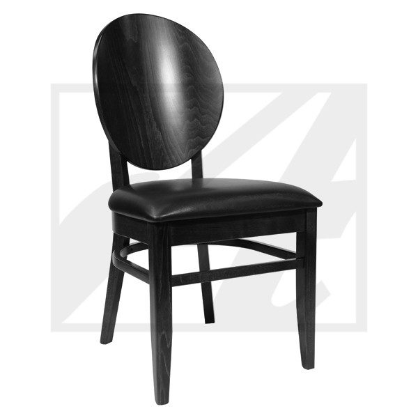 Black wooden dining chair with cushioned seat and oval backrest.