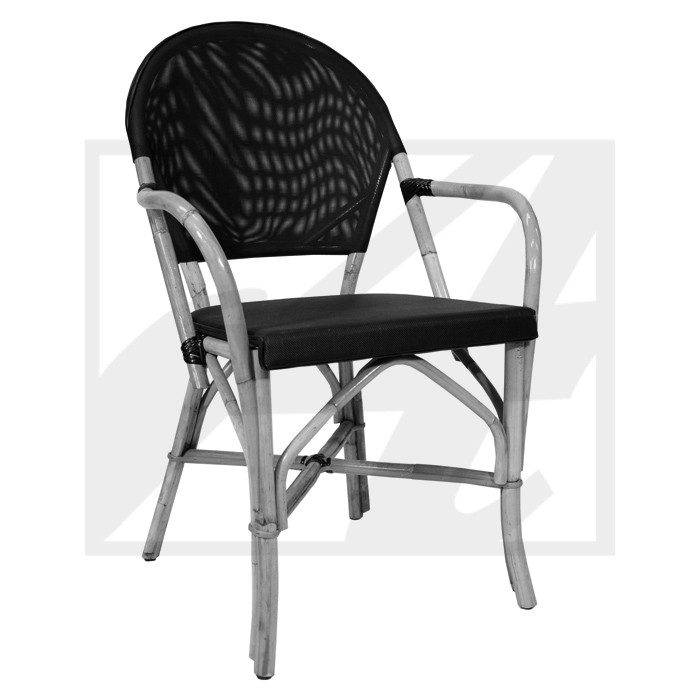 Black and natural rattan chair with armrests and a woven backrest.
