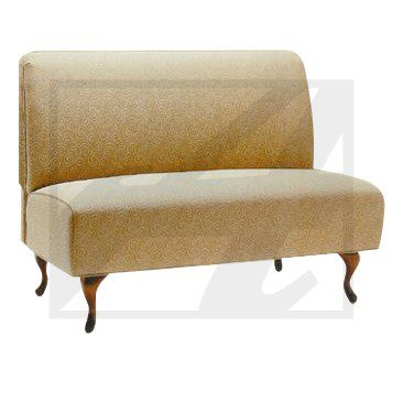 Elegant beige loveseat with wooden legs and a curved backrest.