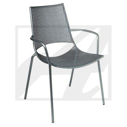 Modern gray metal mesh chair with armrests.