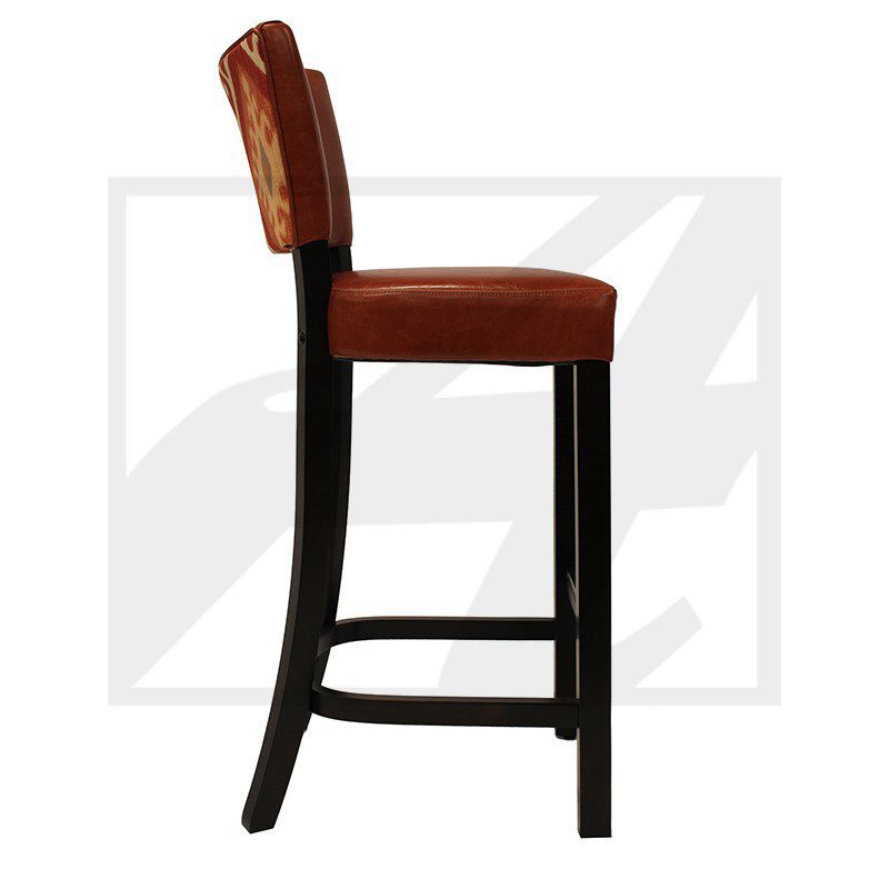 Side view of a stylish bar stool with a cushioned seat and backrest.