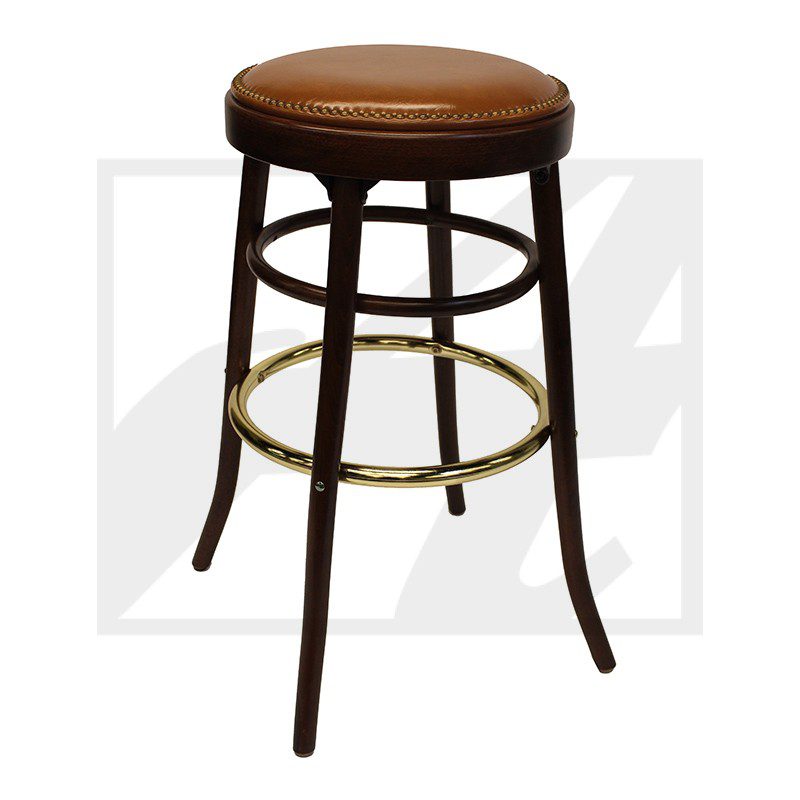 Round wooden bar stool with a cushioned seat and brass footrest.