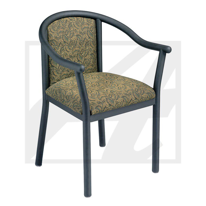 Modern black metal armchair with patterned cushion upholstery.