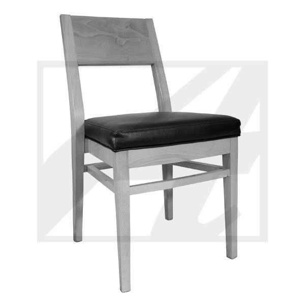 Wooden chair with a cushioned black seat and a simple backrest design.