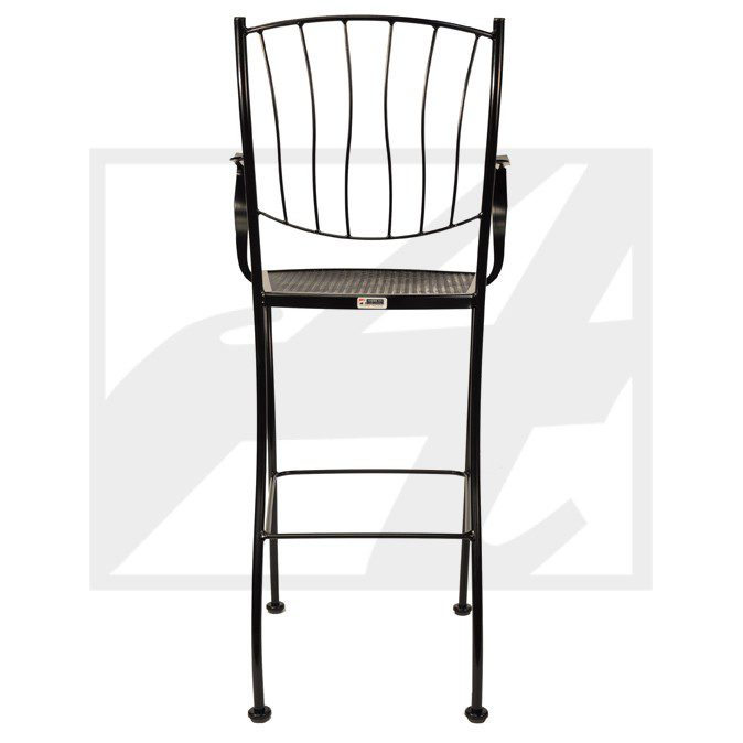 Black metal bar stool with a wire back and four legs.