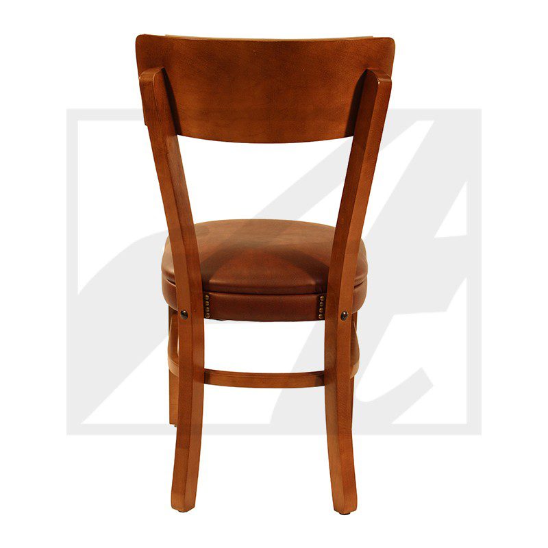 Wooden chair with a cushioned seat and curved backrest.