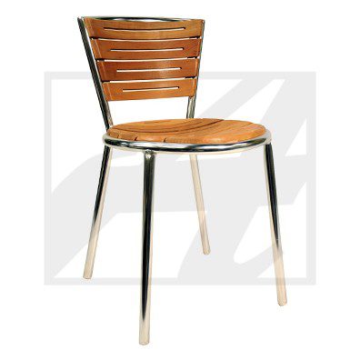 Modern chair with wooden seat and backrest, metal legs.