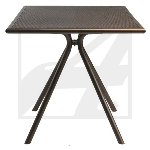 Minimalist square table with angled legs and a dark finish.