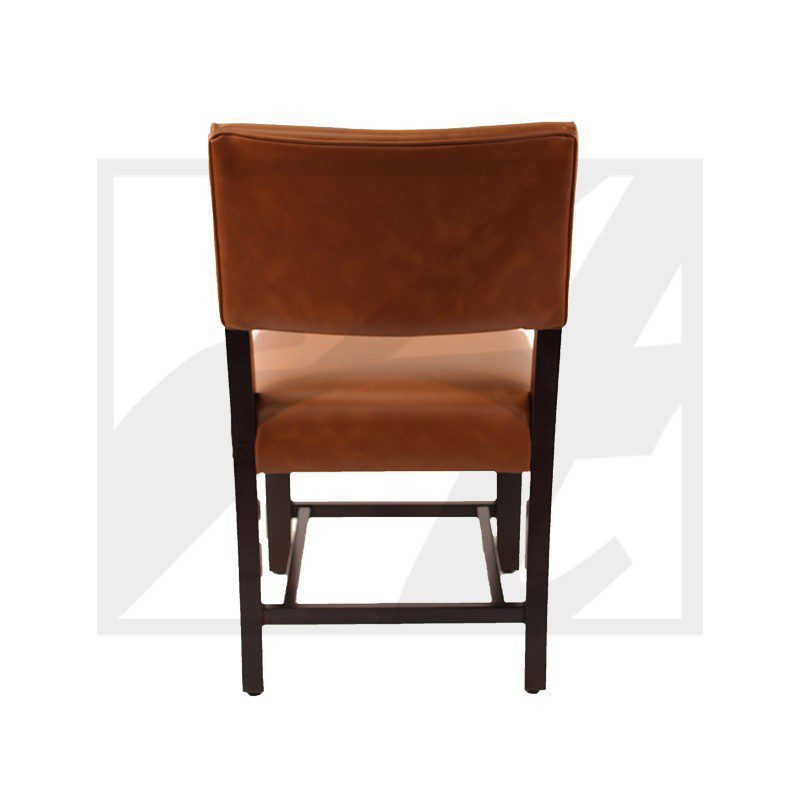 Brown leather chair with wooden frame viewed from the back.