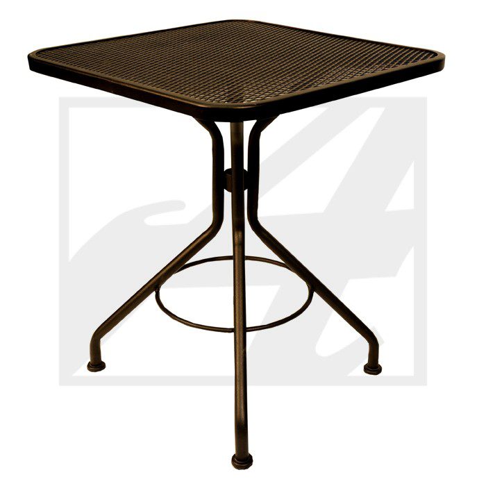 Square wooden table with metal legs and circular support.