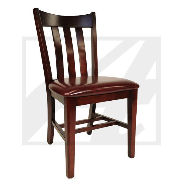 Wooden dining chair with a slatted back and cushioned seat.