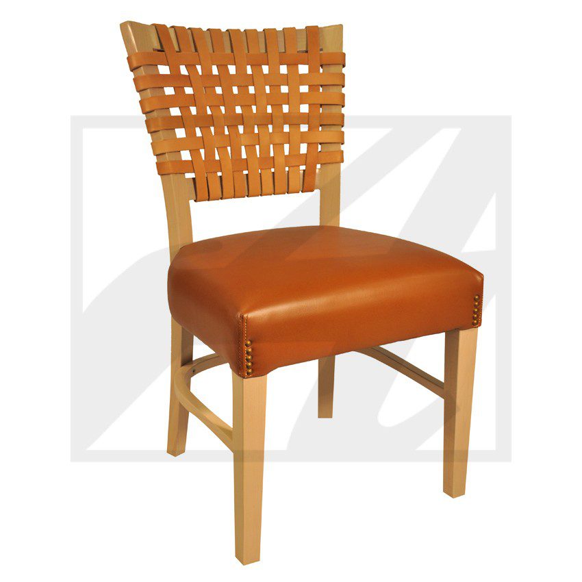 Wooden chair with woven backrest and brown cushioned seat.