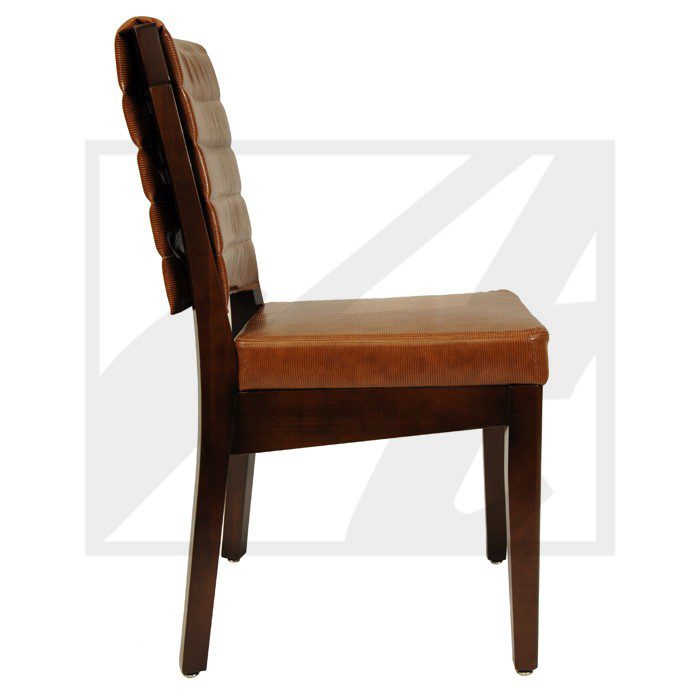 Side view of a wooden chair with cushioned seat and backrest.